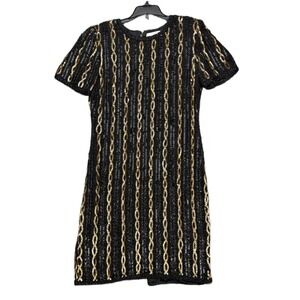 Adrianna Papell Black Gold Silk Evening Dress Size 6 Sequin Beaded Short Sleeve